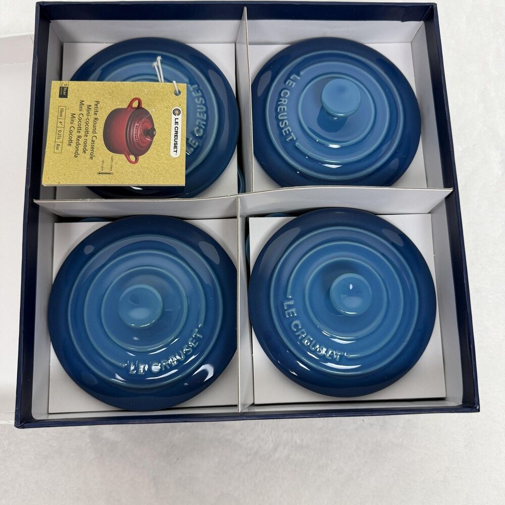 Le Creuset Mini Round Cocotte Casserole Set 4 Marseille Blue Ceramic Stoneware